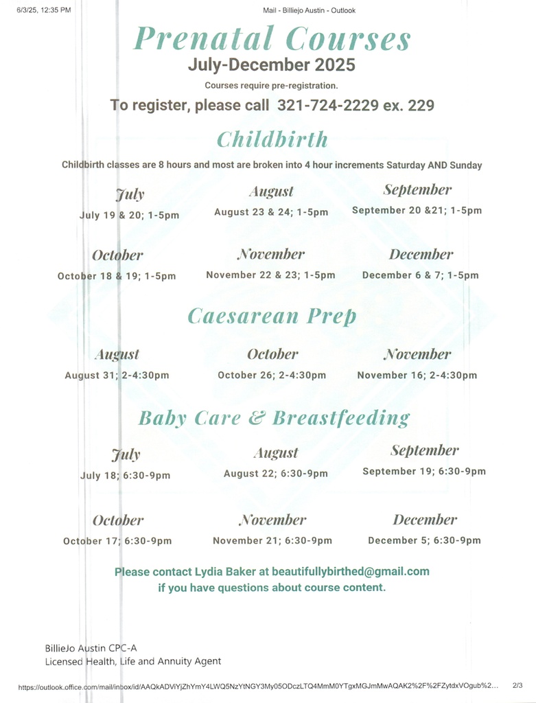 Prenatal Courses Schedule
