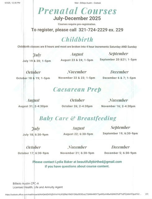 Prenatal Courses Schedule